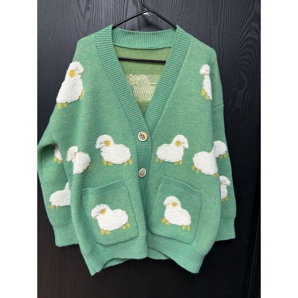 New Korean Women Loose Knitted Sweater Cardigan Buttons L Sheep Jacket Green - Picture 1 of 6